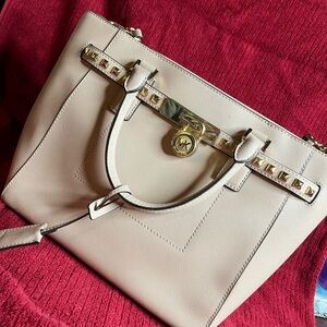Michael Kors Cream Satchel with Structured Shape and Gold Accents
